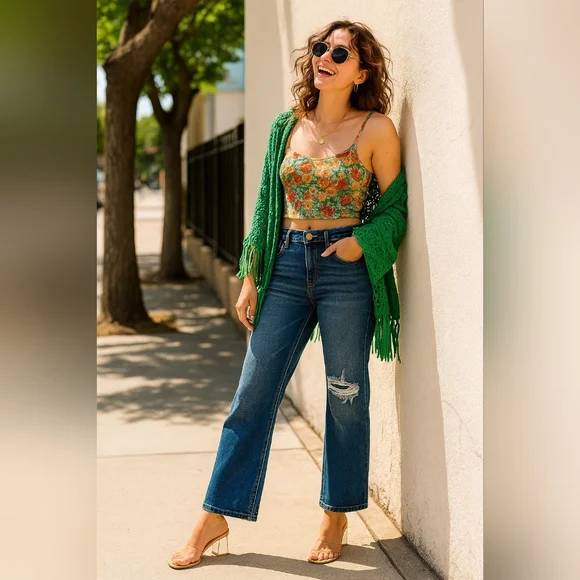 RISEN High-Rise Waist Distressed Patch Knee Straight Leg Pants Ankle Denim Jeans - Picture 14 of 16